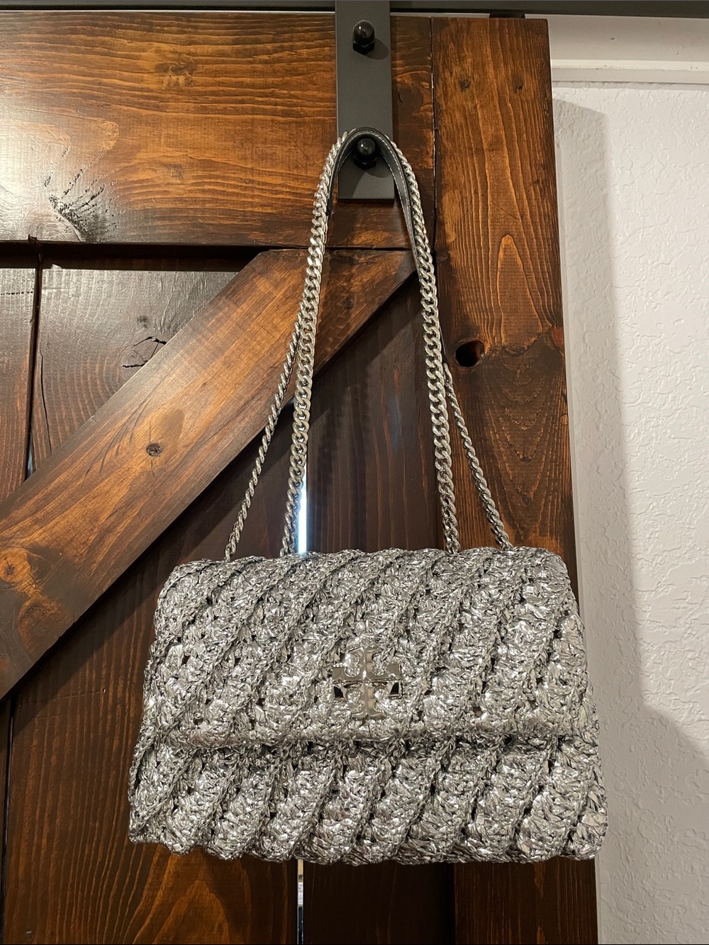 Tory Burch Kira Silver Small Woven Convertible Shoulder Bag